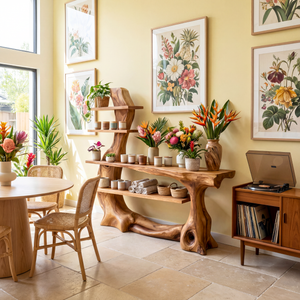 Organic Solid Wood Console Table with Sculptural Base and Open Tier Shelving Artistic Freeform Console Table