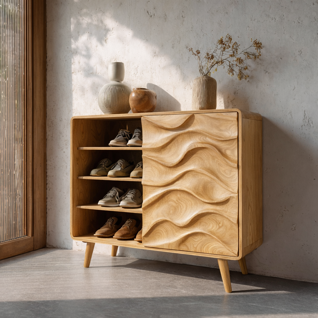 Handcrafted Solid Wood Shoe Cabinet with Wave Carved Sliding Door for Entryway