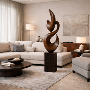 Tall Solid Wood Flame Floor Sculpture with Plinth for Modern Living Rooms
