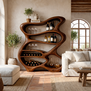 Handcrafted Solid Wood Bar Cabinet with Organic Open Shelves for Living Room