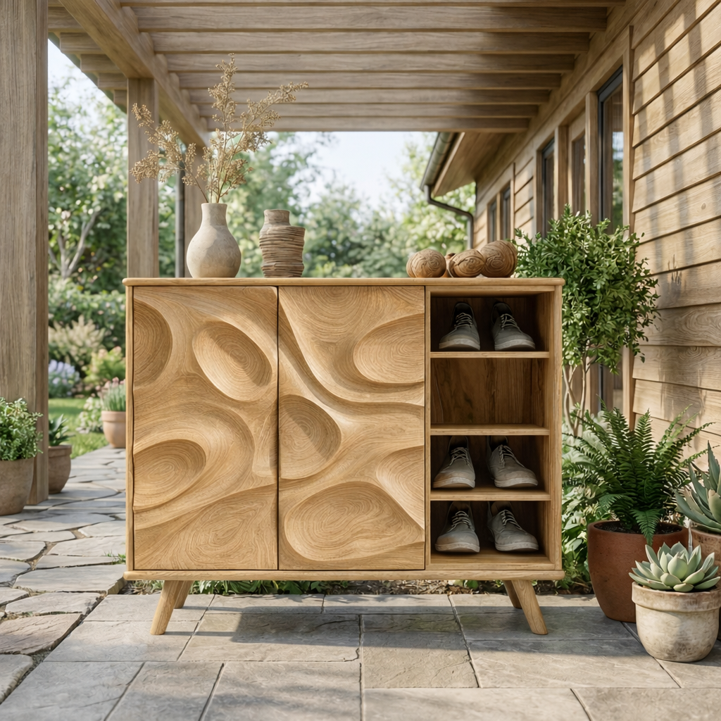 Handcrafted Solid Wood Shoe Cabinet with Sculptural Carved Doors for Entryways