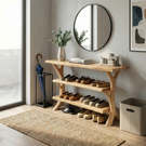 Handcrafted Solid Wood Shoe Rack Console with Open Shelving and Sculptural Branch Legs