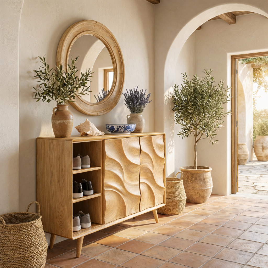 Handcrafted Solid Wood Shoe Cabinet with Sculptural Carved Doors and Open Side Shelves for Entryway