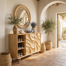 Handcrafted Solid Wood Shoe Cabinet with Sculptural Carved Doors and Open Side Shelves for Entryway