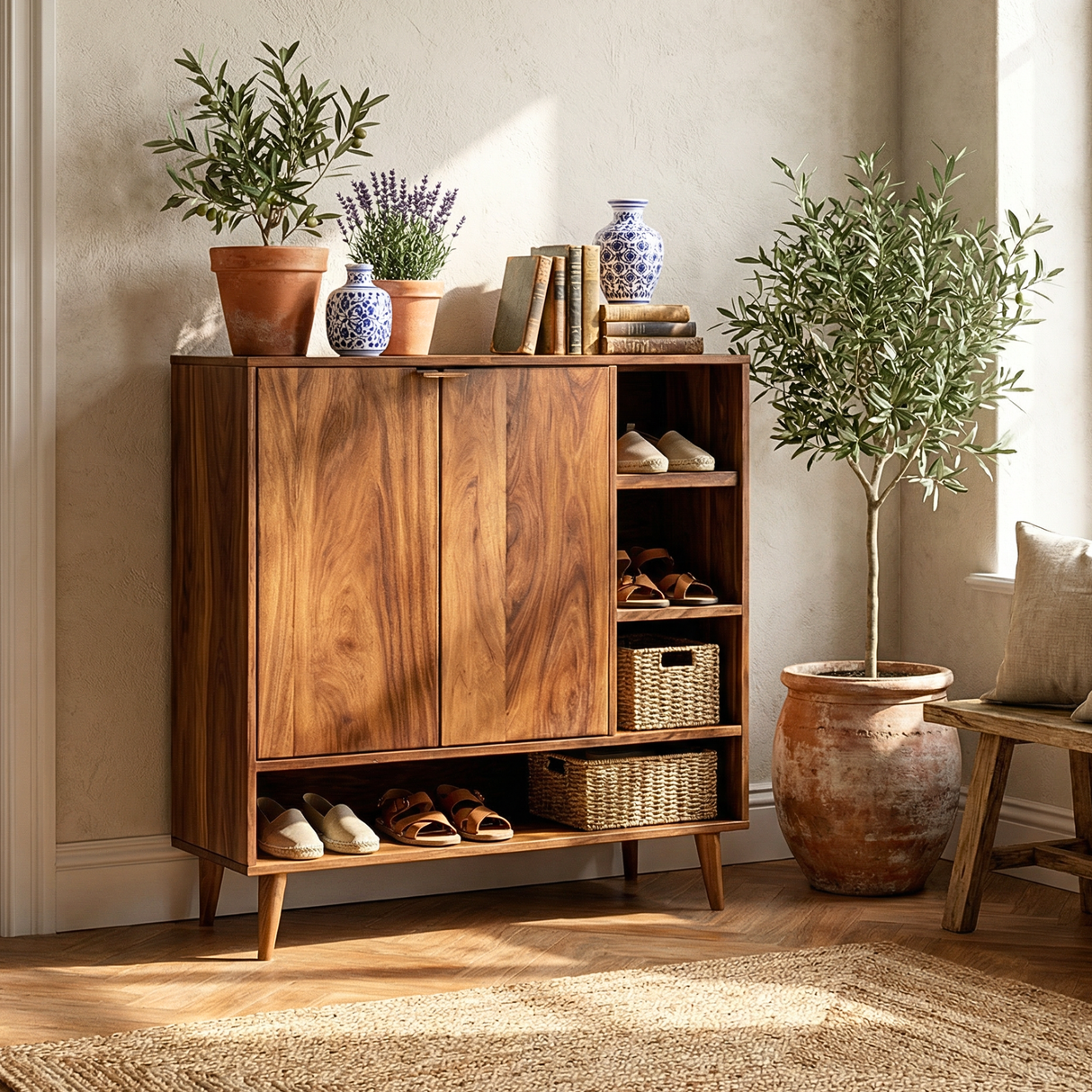 Handcrafted Solid Wood Shoe Cabinet with Double Doors and Open Side Shelf for Entryway and Hallway