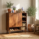 Handcrafted Solid Wood Shoe Cabinet with Double Doors and Open Side Shelf for Entryway and Hallway