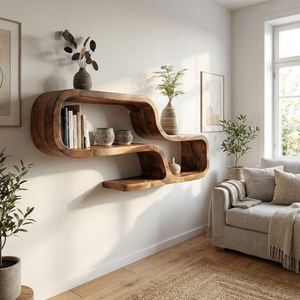 Organic Solid Wood Curved Floating Shelf for Living Room