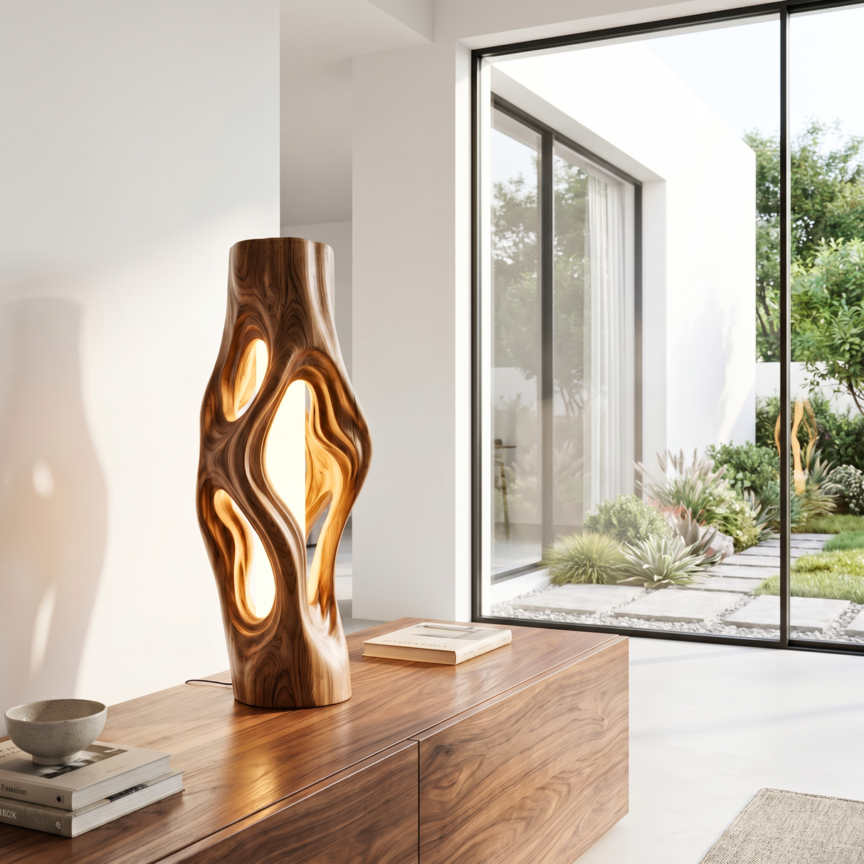 Organic Column Wood Table Lamp with Flowing Cutouts