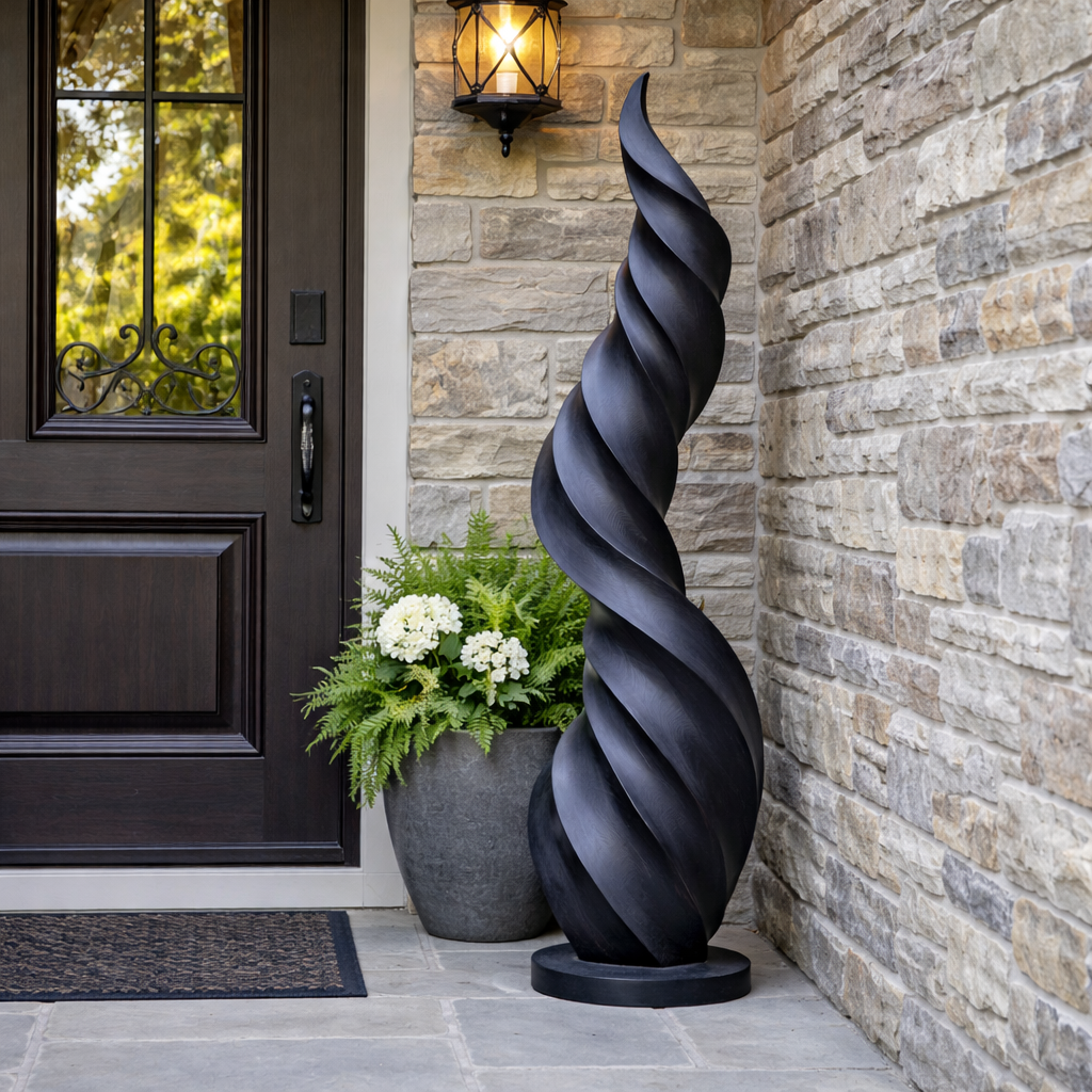 Tall Solid Wood Twisted Flame Sculpture for Entryways and Modern Spaces