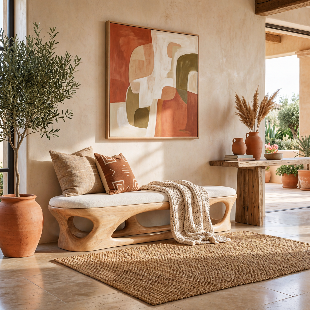 Sculptural Solid Wood Bench with Open Carved Base for Modern Interior