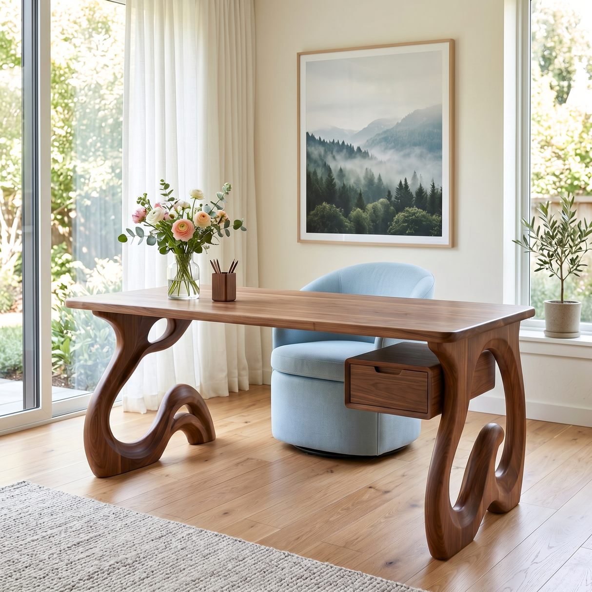 Organic Solid Wood Desk with Sculptural Loop Legs and Floating Drawer