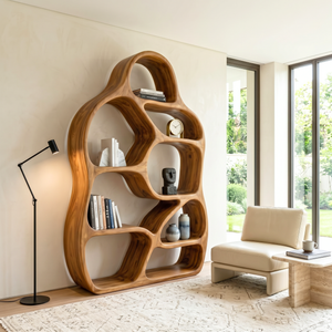 Organic Solid Wood Bookshelf with Asymmetrical Rounded Compartments