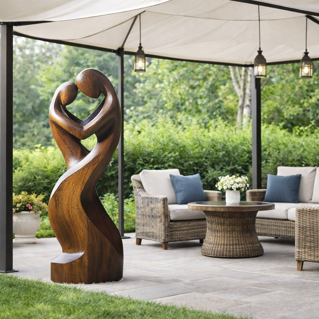 Large Solid Wood Abstract Embracing Figures Sculpture for Modern Interiors