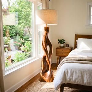 Handcrafted Wood Floor Lamp with Twisting Open-Carved Base