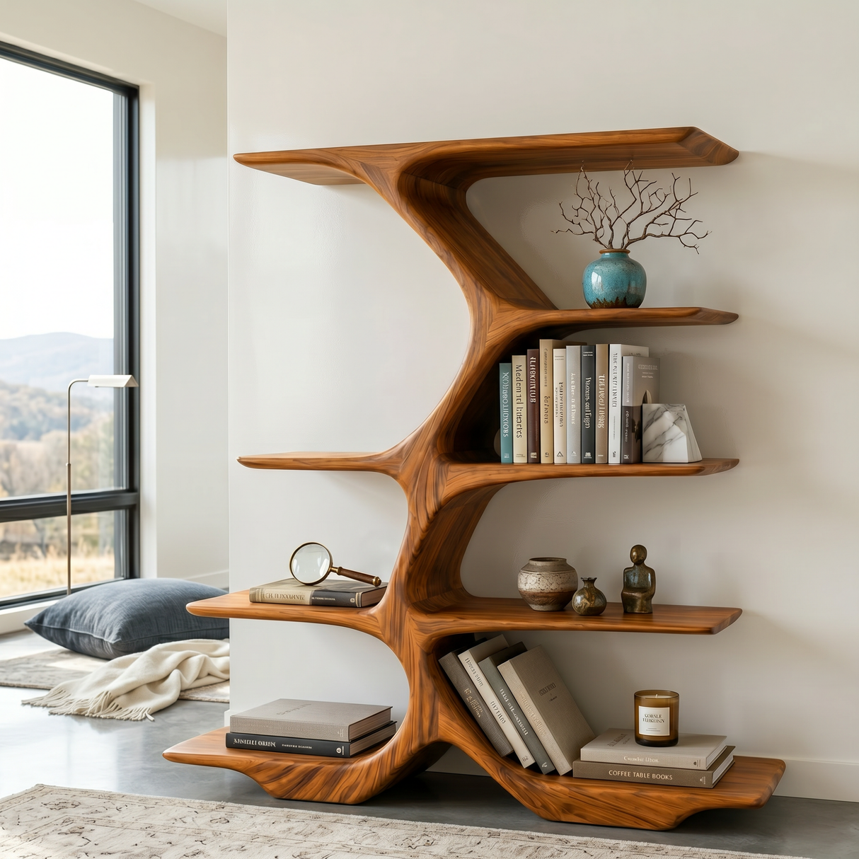 Organic Solid Wood Display Shelf with Branching Open Shelves
