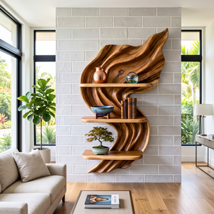 Flowing Flame Wood Wall Shelf with Three Display Tiers