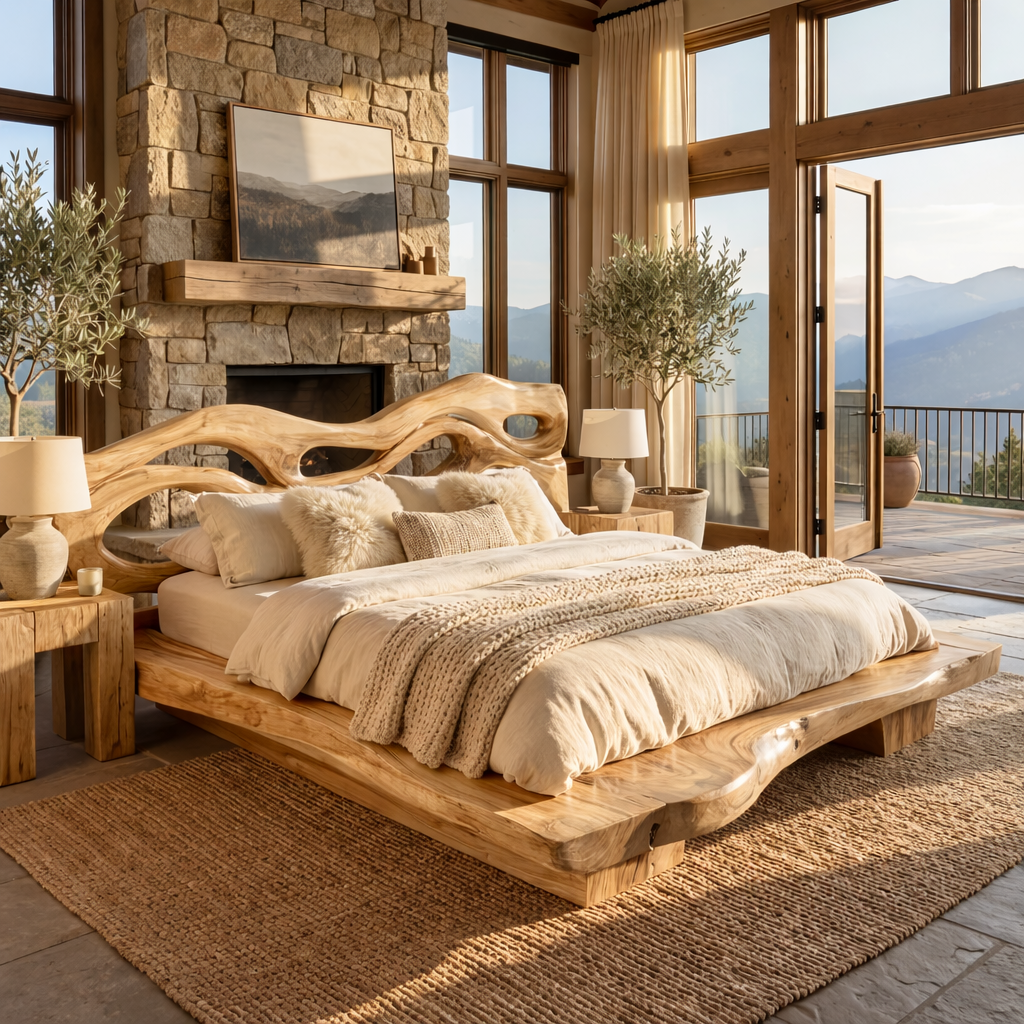 Solid Wood Sculptural Bed Frame with Organic Cutout Headboard Design