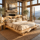 Solid Wood Sculptural Bed Frame with Organic Cutout Headboard Design