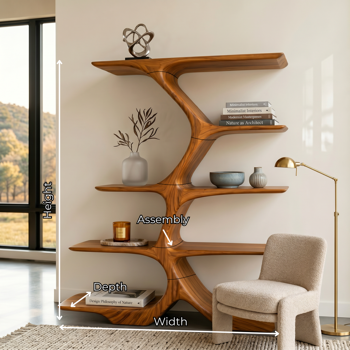 Organic Solid Wood Display Shelf with Branching Open Shelves
