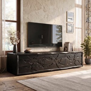 Solid Wood TV Console with Organic Landscape Carved Doors