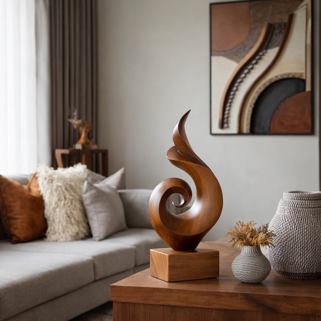 Handmade Abstract Spiral Wood Sculpture Modern Minimalist Tabletop Art Decor