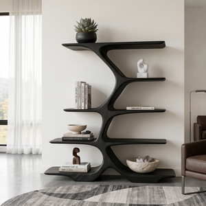 Organic Solid Wood Display Shelf with Branching Open Shelves