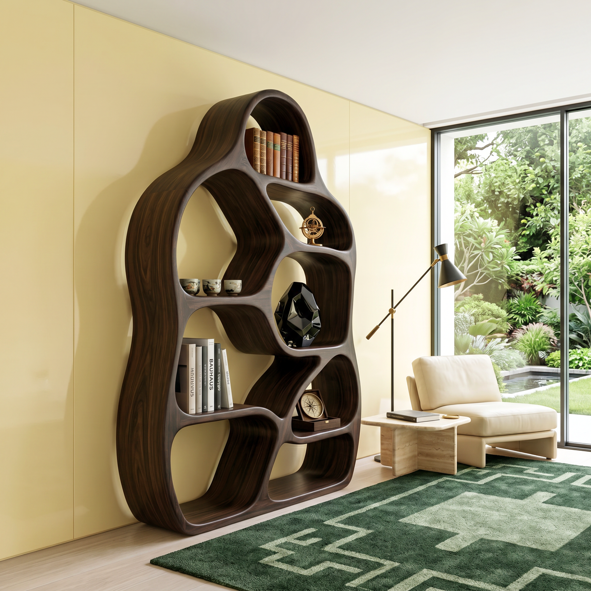 Organic Solid Wood Bookshelf with Asymmetrical Rounded Compartments