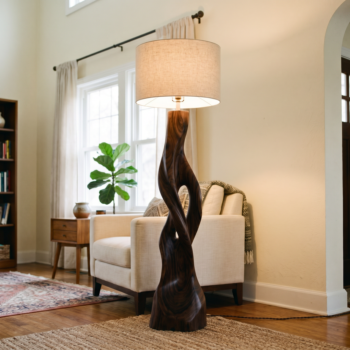 Handcrafted Wood Floor Lamp with Twisting Open-Carved Base