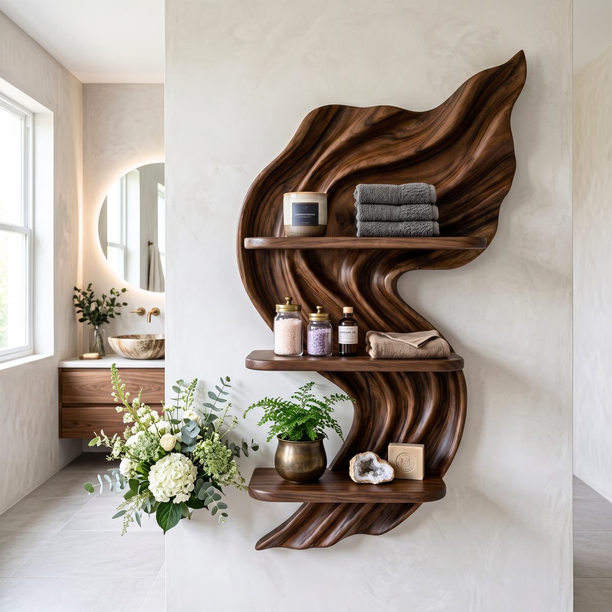 Flowing Flame Wood Wall Shelf with Three Display Tiers