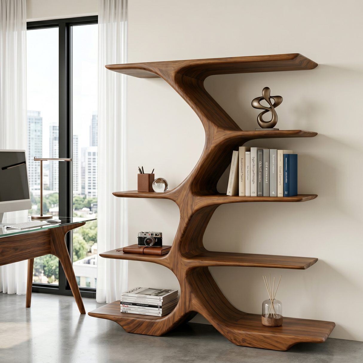 Organic Solid Wood Display Shelf with Branching Open Shelves