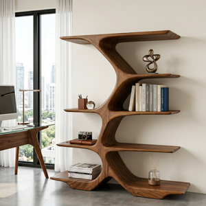 Organic Solid Wood Display Shelf with Branching Open Shelves