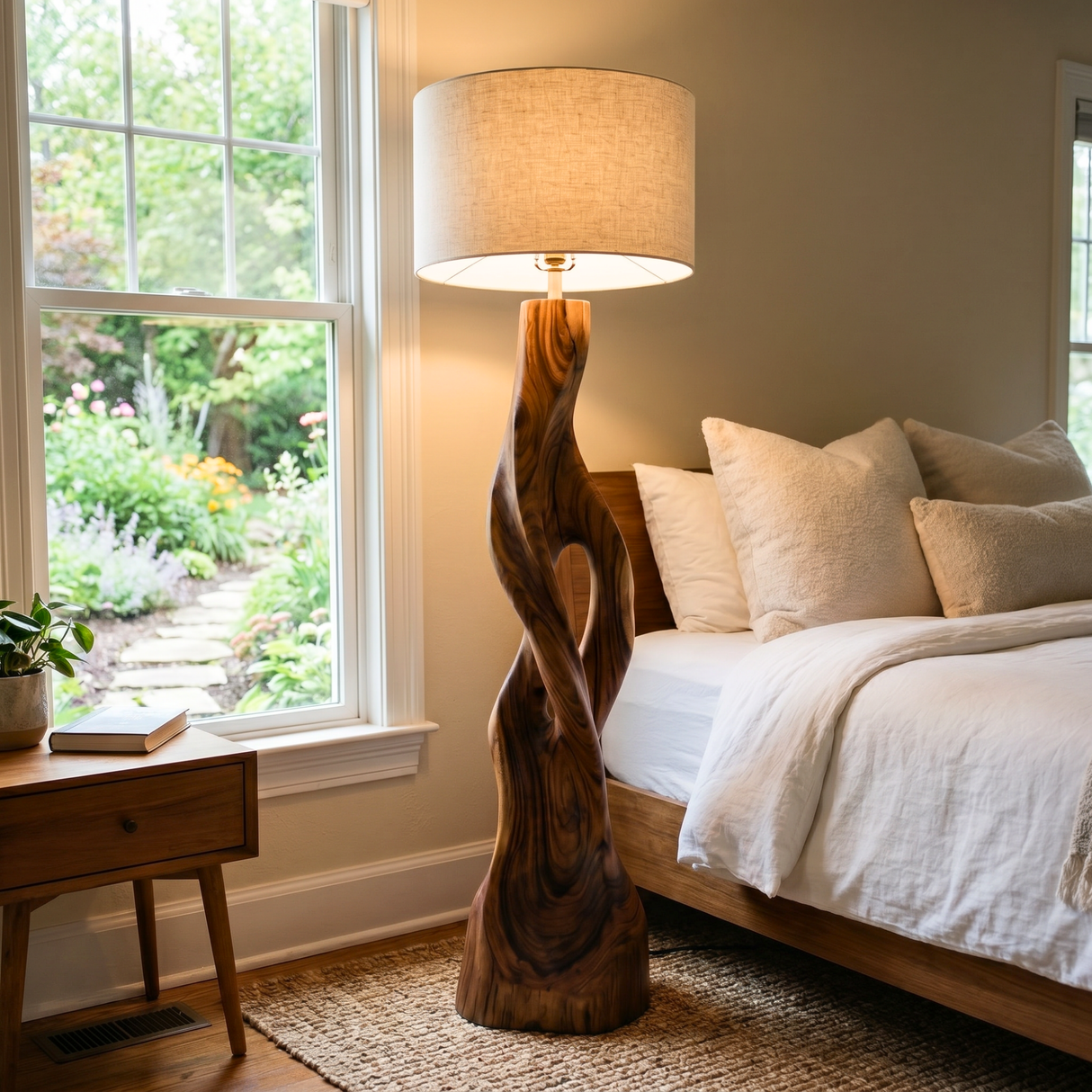 Handcrafted Wood Floor Lamp with Twisting Open-Carved Base