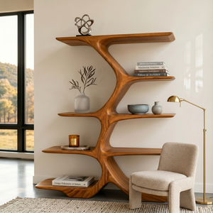 Organic Solid Wood Display Shelf with Branching Open Shelves