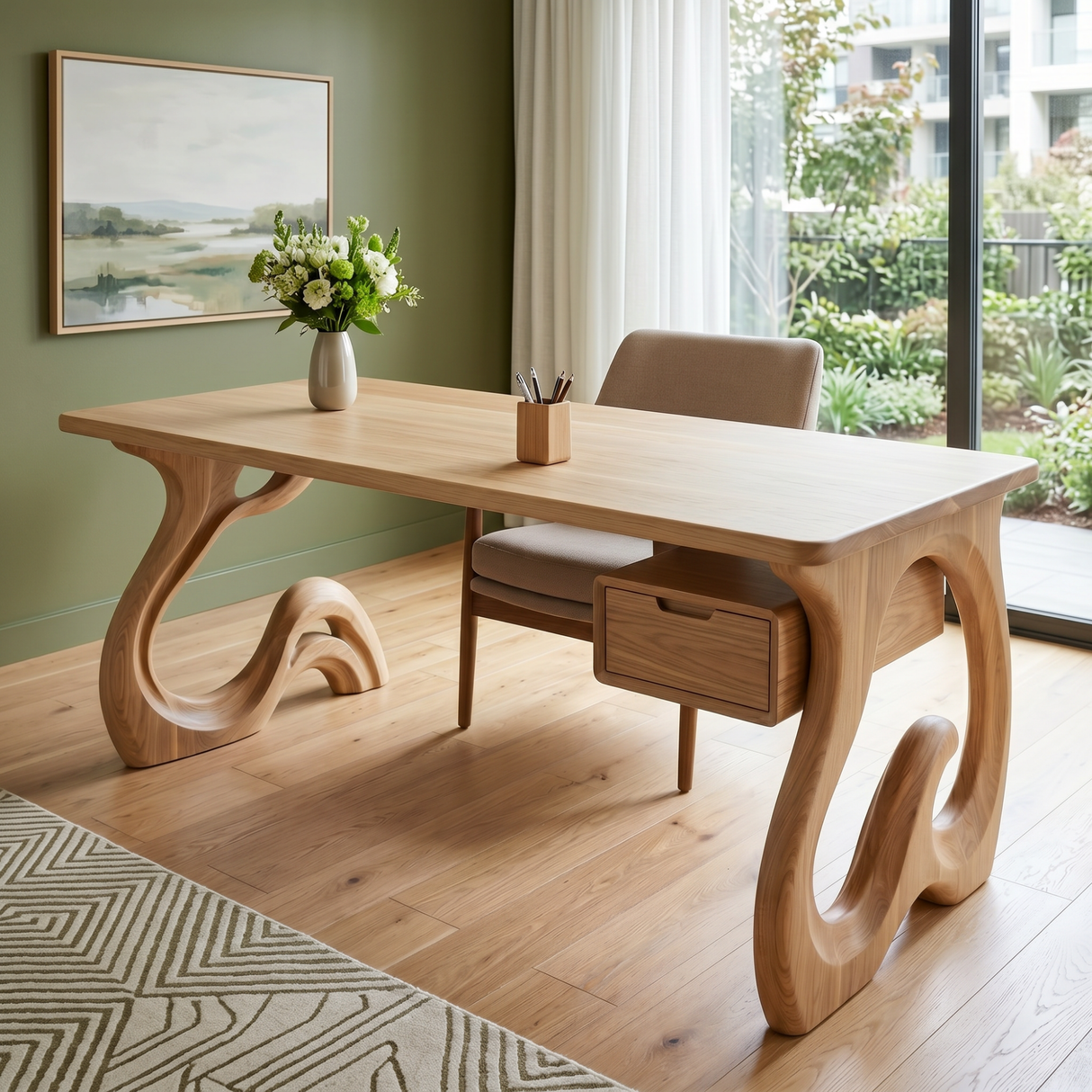Organic Solid Wood Desk with Sculptural Loop Legs and Floating Drawer