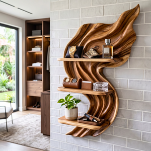 Flowing Flame Wood Wall Shelf with Three Display Tiers
