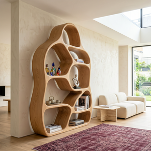 Organic Solid Wood Bookshelf with Asymmetrical Rounded Compartments