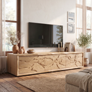 Solid Wood TV Console with Organic Landscape Carved Doors