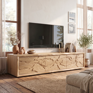 Solid Wood TV Console with Organic Landscape Carved Doors