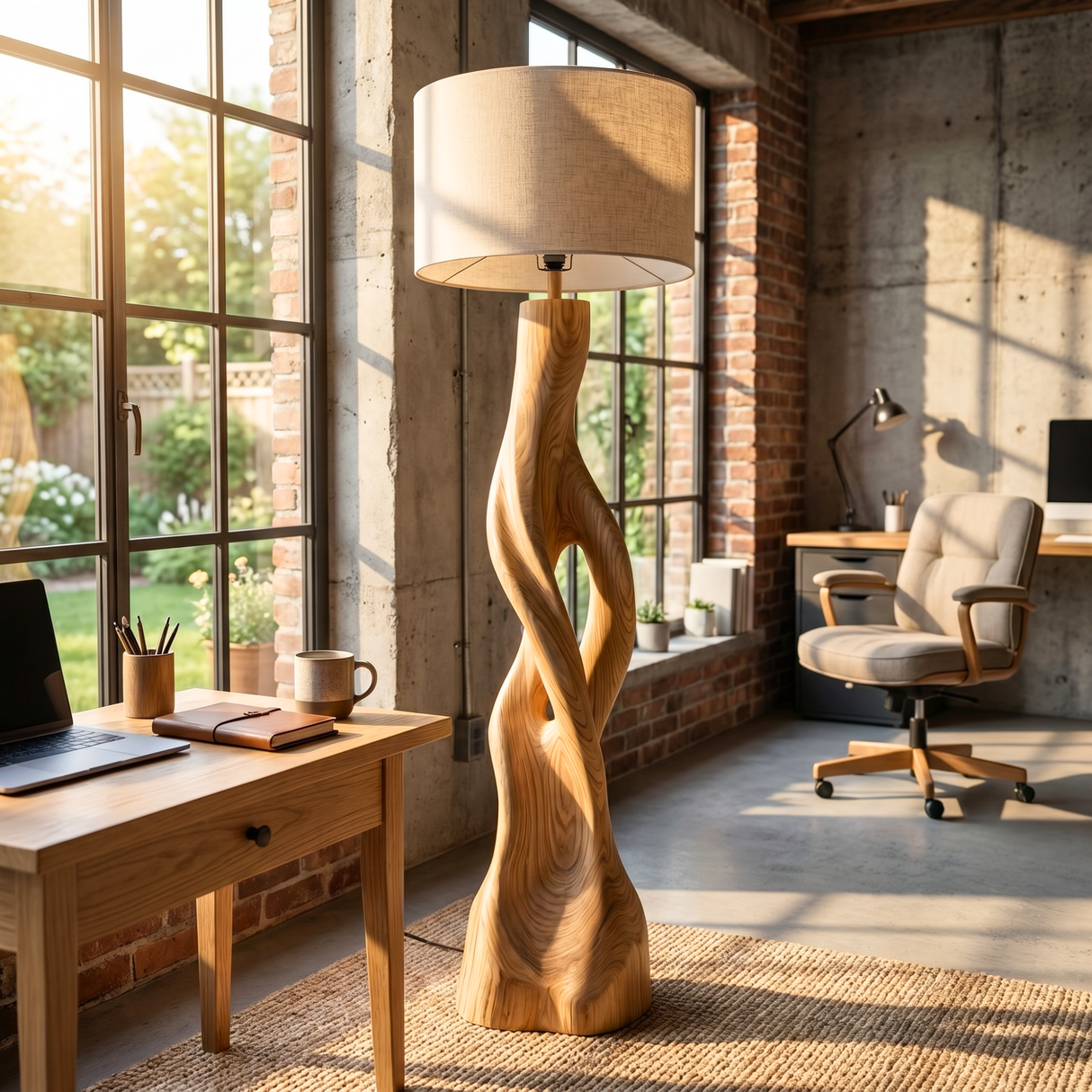 Handcrafted Wood Floor Lamp with Twisting Open-Carved Base