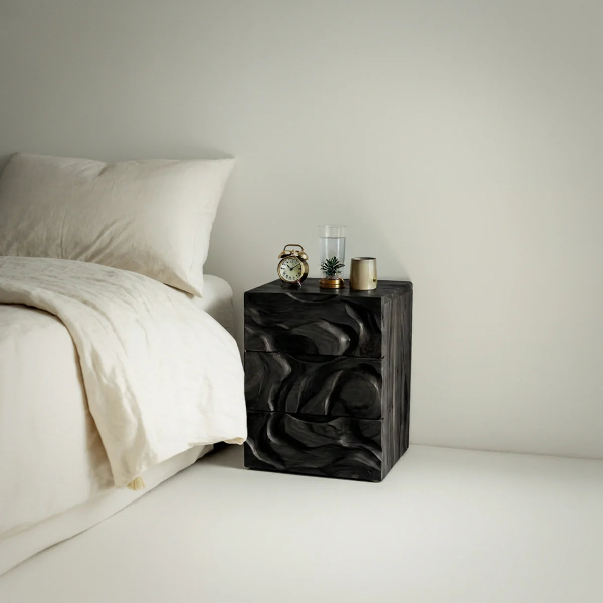 Sculptural Solid Wood Bedside Cabinet with Carved Texture