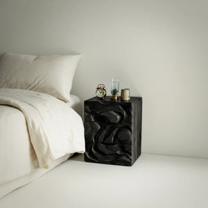 Sculptural Solid Wood Bedside Cabinet with Carved Texture