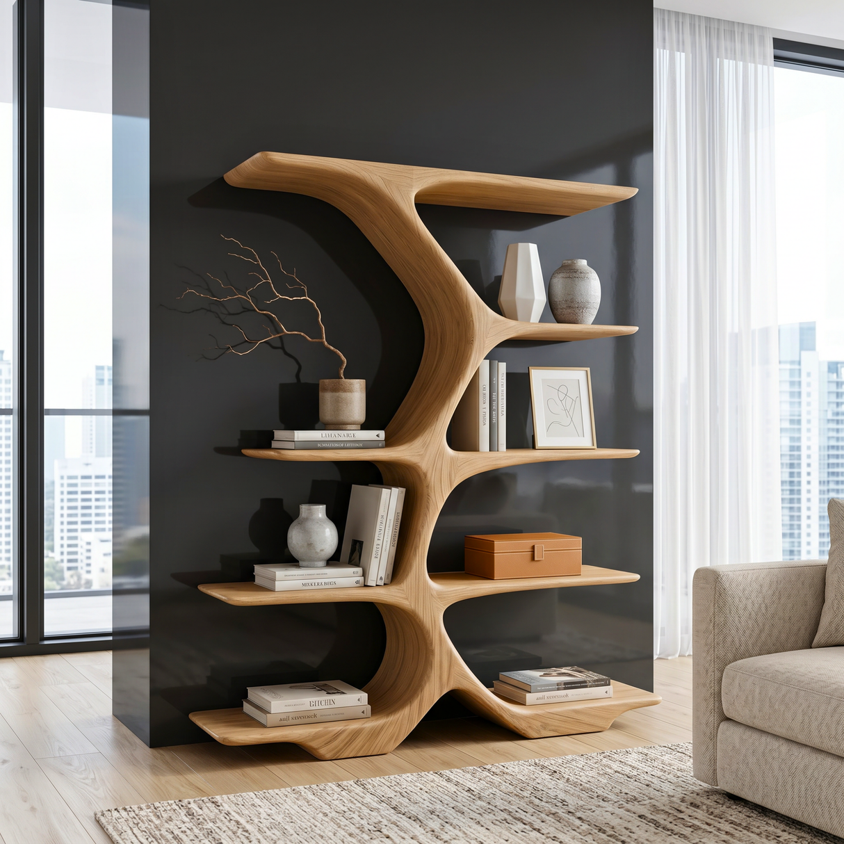 Organic Solid Wood Display Shelf with Branching Open Shelves