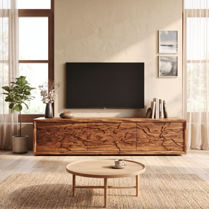 Solid Wood TV Console with Organic Landscape Carved Doors