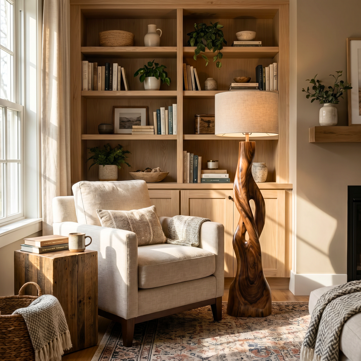 Handcrafted Wood Floor Lamp with Twisting Open-Carved Base