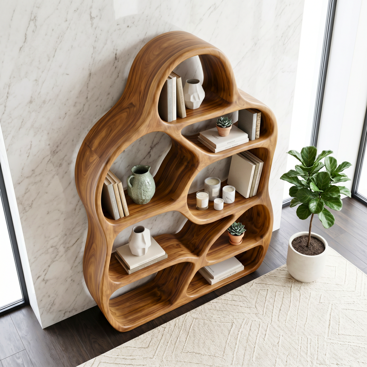 Organic Solid Wood Bookshelf with Asymmetrical Rounded Compartments