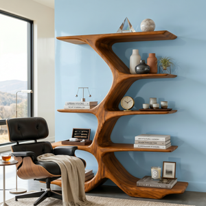 Organic Solid Wood Display Shelf with Branching Open Shelves