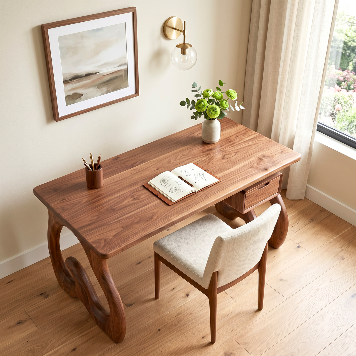 Organic Solid Wood Desk with Sculptural Loop Legs and Floating Drawer