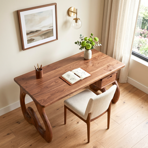Organic Solid Wood Desk with Sculptural Loop Legs and Floating Drawer