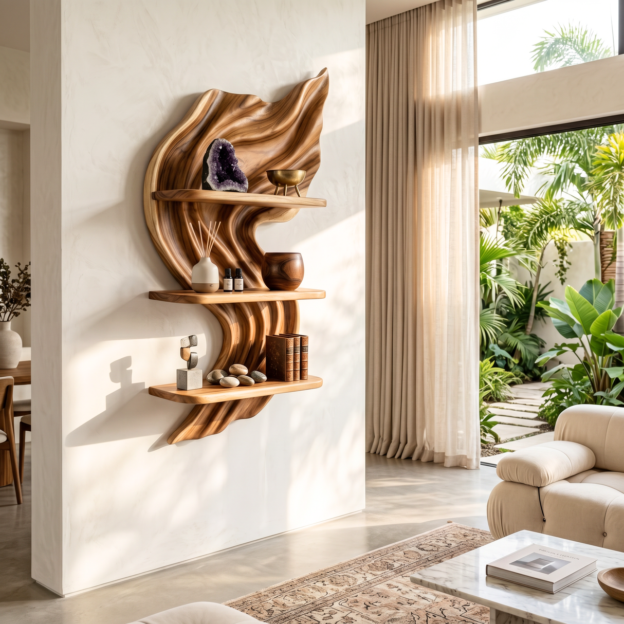 Flowing Flame Wood Wall Shelf with Three Display Tiers