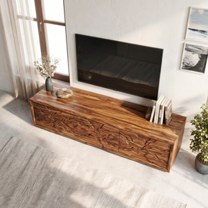 Solid Wood TV Console with Organic Landscape Carved Doors